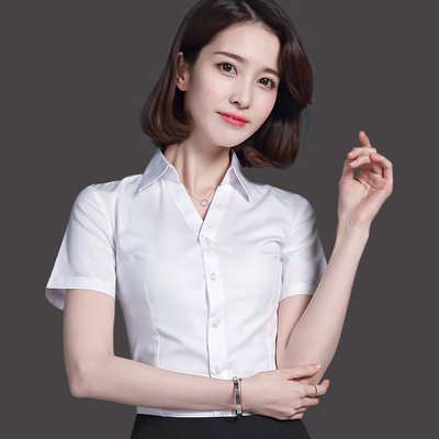 职业女短袖白衬衫女工作服V领修身工装半袖衬衣定制