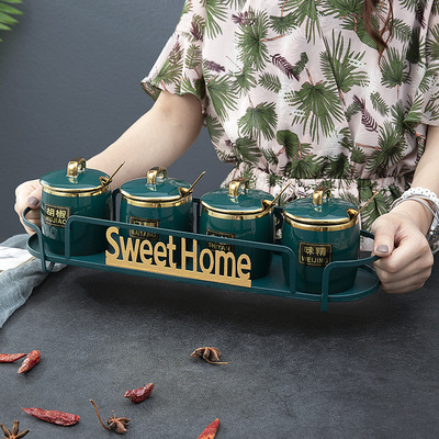 收纳罐糖盐罐玻璃陶瓷家用置物架组合套装5件套创意陶瓷调味料