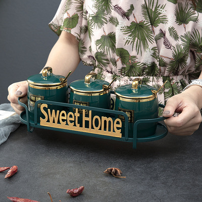 玻璃陶瓷收纳罐糖盐罐家用置物架组合套装4件套创意陶瓷调味料