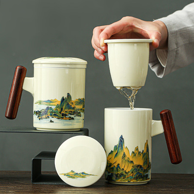 国潮风带盖过滤茶杯办公室泡茶杯陶瓷水杯茶水分离马克杯LOGO定制