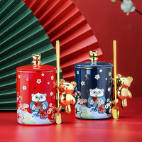 国潮风马克杯小熊杯鼠年创意陶瓷杯中国风个性带盖大容量咖啡水杯