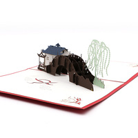 景区江南图案立体纸雕贺卡 折叠建筑柳树剪纸镂空设计生日3D贺卡邀请函定制